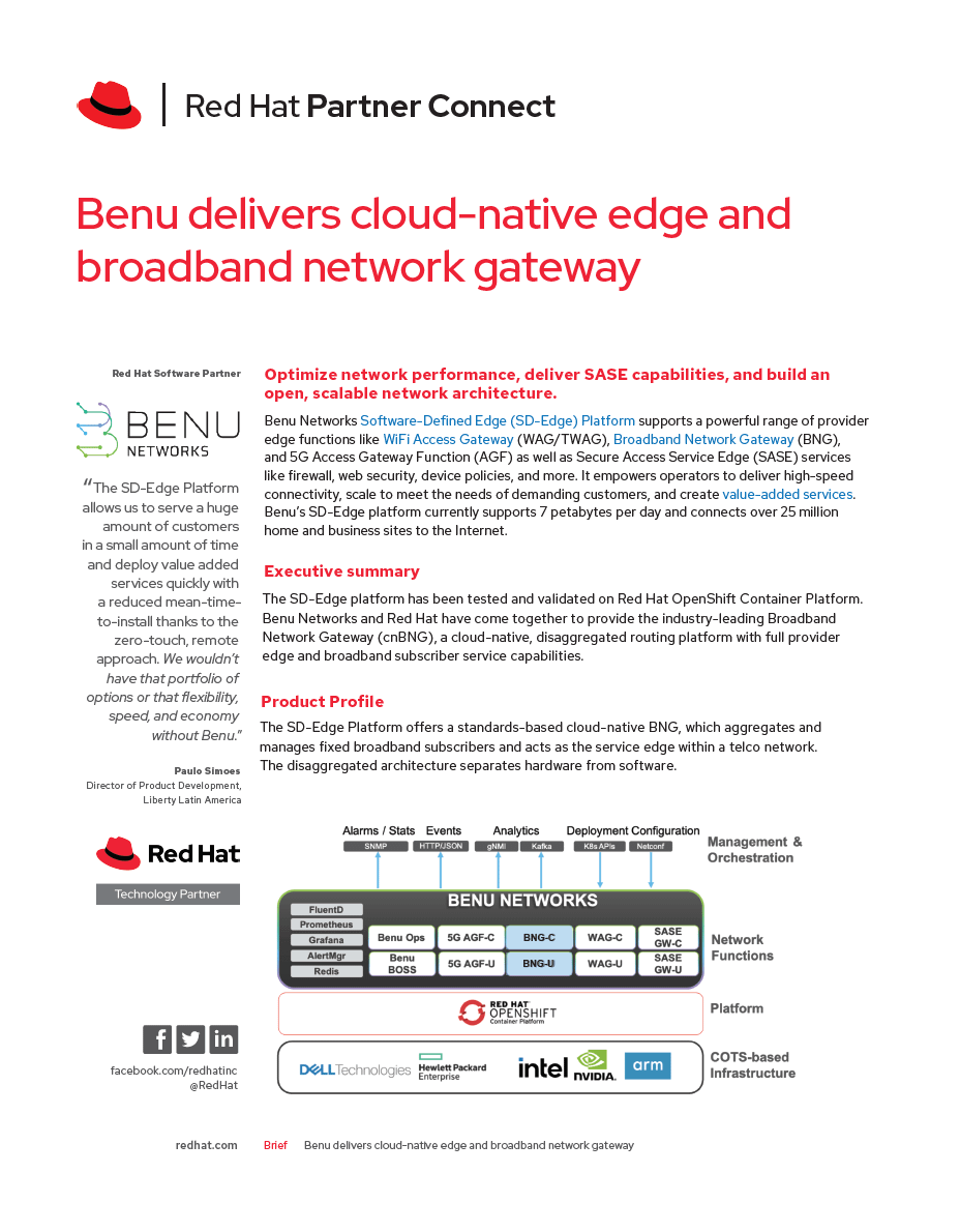 Benu Red Hat Cloud Native BNG on Open Shift Platform